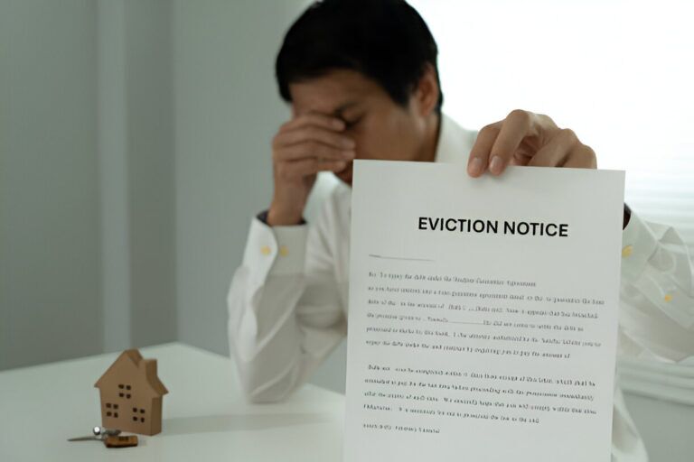Office scene featuring an eviction notice, underscoring the need for proper handling and legal compliance in property management